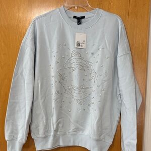 Forever 21 Light Blue Crewneck Sweater with Pearl Embellishments